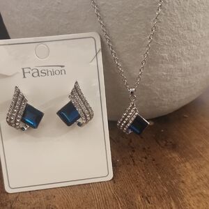 Blue Crystal Pendant Necklace and Earring Set